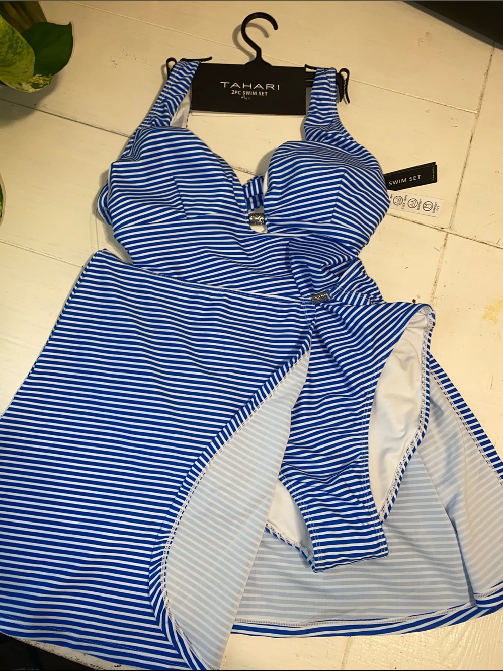 Tahari Blue & White Striped Girls One-Piece Swimsuit with Skirt